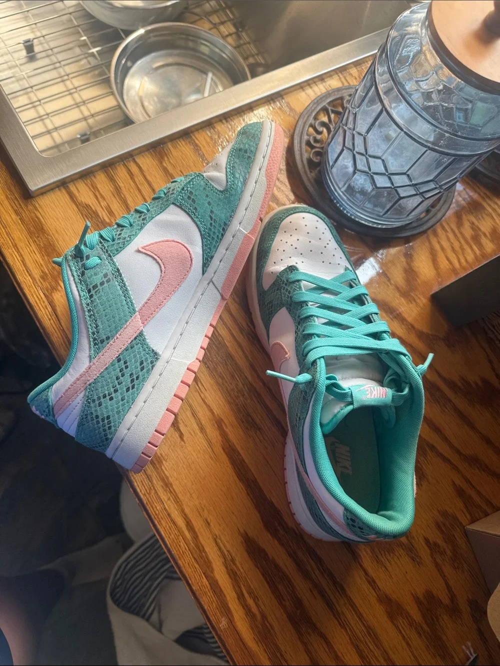 Men’s Nike teal and pink snake skin Dunks